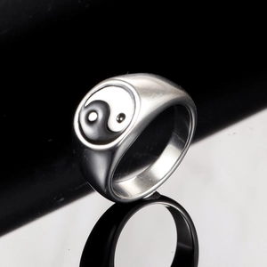 Polished stainless steel Yin Yang ring featuring a classic Tai Chi symbol for men