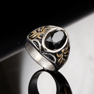 Men's vintage stainless steel ring with black gemstone and gold floral engravings