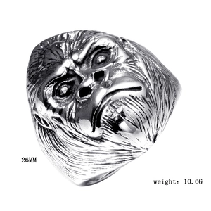 Detailed view of silver skull monkey ring with vintage primate engraving 26MM size