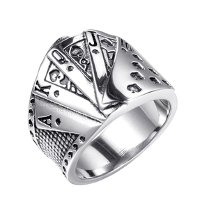 Detailed relief of Royal Flush cards on a vintage style titanium steel men's ring