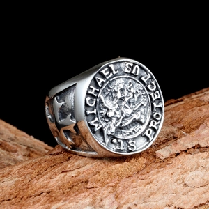 Saint Michael Protect Us silver stainless steel signet ring with religious engraving