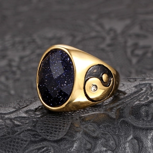 Men's titanium steel ring with blue sandstone and Yin Yang symbol in gold finish