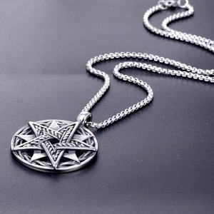Collier vintage en acier inoxydable avec pendentif étoile hexagramme argenté homme