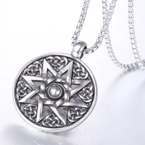Retro stainless steel septagram pendant necklace with intricate Celtic knot patterns