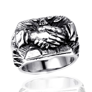 Bague Maçonnique Vintage Homme Acier Inoxydable Œil de la Providence Poignée de Main Bague en Relief Bijoux Rétro Punk