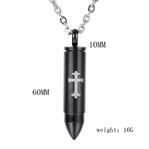 Detail view of black stainless steel bullet pendant with cross and 60mm length necklace