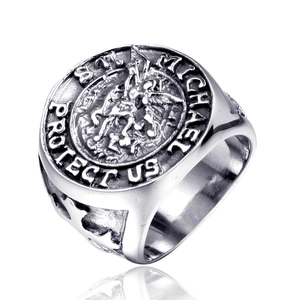 Vintage Stainless Steel St Michael Protect Us Signet Ring For Men Religious Archangel Relief Cross Band Punk Jewelry