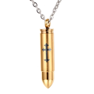 Polished gold stainless steel bullet pendant necklace with black cross engraving