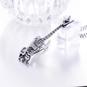 Rock guitar and victory gesture pendant necklace in silver stainless steel finish