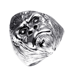 Polished stainless steel gorilla skull ring with intricate hair texture in punk style