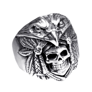 Vintage Stainless Steel Skull Eagle Ring For Men Indian Chief Feather Punk Rock Biker Ring Distressed Finish Carved Jewelry