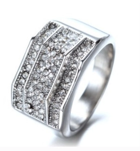Wide vintage stainless steel ring with multi-row pave zircons in a stepped diagonal design
