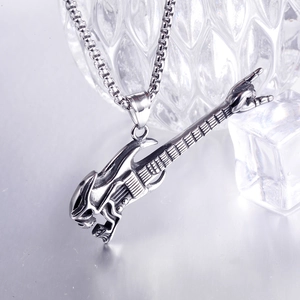 Gothic silver guitar pendant with Alien Xenomorph skull head and rock hand gesture