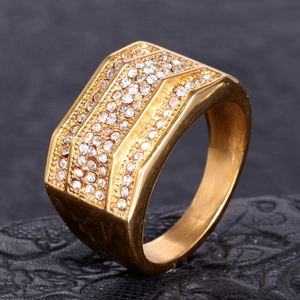 Men's gold-plated stainless steel wide ring with four rows of paved cubic zirconia