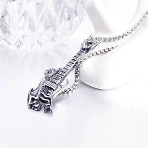 Retro stainless steel guitar pendant necklace with skull relief and rock hand gesture