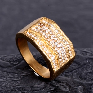Luxurious men's wide gold stainless steel ring with three rows of shimmering pavé diamonds