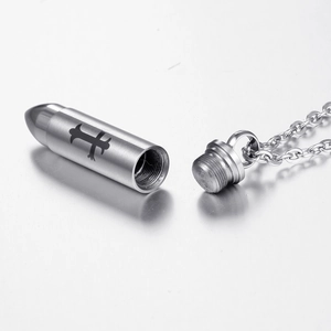 Polished stainless steel bullet pendant necklace with black cross and openable screw design