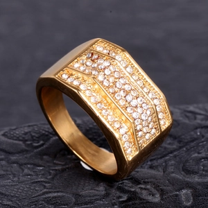 Men's wide gold stainless steel wedding ring featuring three rows of sparkling zircon stones