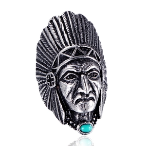 Bague Vintage en Acier Inoxydable pour Homme Avec Tête de Chef Indien et Incrustation de Turquoise Bijou Ethnique Punk