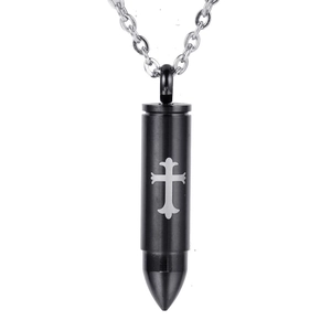 Matte black bullet necklace with silver cross engraving on stainless steel chain