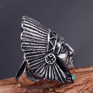 Bague vintage chef indien pour homme en acier inoxydable avec plumes et pierre turquoise