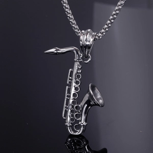Polished stainless steel saxophone pendant necklace for men with a mirror reflection