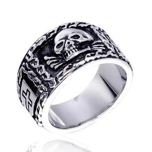 Vintage Titanium Steel Skull Cross Ring Men Gothic Punk Biker Band Finger Ring Heavy Metal Rock Jewelry Accessory Gift