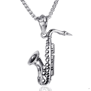 316L stainless steel saxophone pendant necklace with box chain for men in silver finish