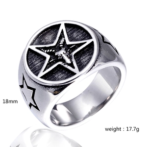 Macro shot of stainless steel Baphomet ring with pentagram star side cutouts and 18mm size