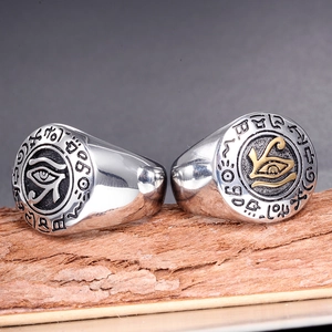 Titanium steel men's Eye of Horus rings with Egyptian hieroglyphs on vintage wood