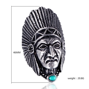 Bague vintage amérindienne en acier avec turquoise et coiffe de plumes 46 mm