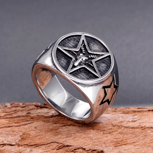 Gothic silver stainless steel seal ring with embossed Baphomet goat head and pentagram star