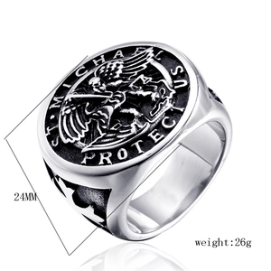 Men's stainless steel St. Michael cross ring with 24mm engraved religious medal pendant