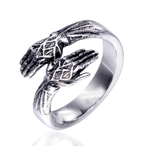 Vintage stainless steel open ring featuring a gothic hands design in antique finish