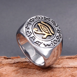 Retro titanium steel signet ring with golden Eye of Horus and Egyptian symbols