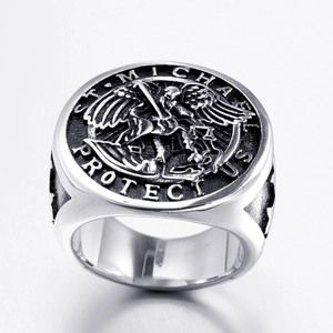 Religious St. Michael stainless steel signet ring with vintage engraved eagle pattern