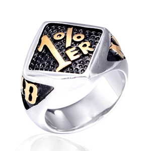 Mens biker style stainless steel ring featuring 1% ER logo with golden accents