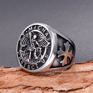 Men's retro stainless steel ring with St. Michael relief and side cross engraving