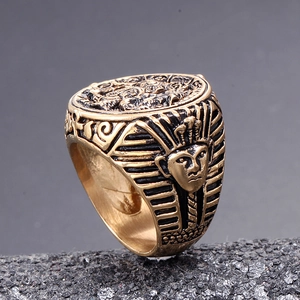 Vintage stainless steel signet ring with Egyptian pharaoh relief in antique gold finish