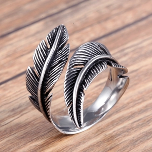 Vintage stainless steel open feather ring for men with detailed silver texture
