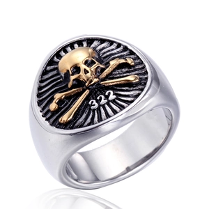 Vintage Men Stainless Steel Skull Crossbones Signet Ring 322 Number Pirate Punk Gothic Jewelry Two Tone Gold Silver Ring