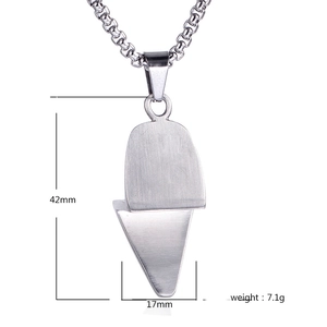 Macro detail of high heel shoe pendant with 42mm height and matte stainless steel finish