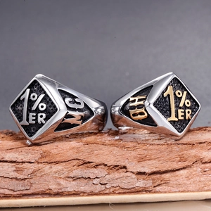 Polished stainless steel 1% ER MC signet rings for men with embossed biker culture symbols