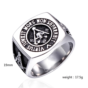 Macro detail of Masonic signet ring showing 19mm diameter size and 17.5g weight info