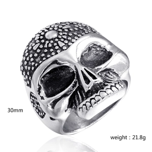 Detailed view of punk rock skull ring in stainless steel with 30mm height and 21.8g weight