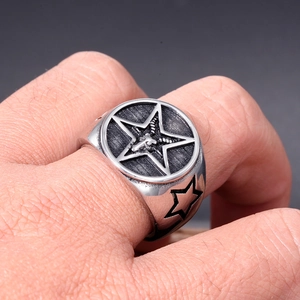 Detailed macro view of vintage stainless steel Baphomet pentagram ring in gothic silver