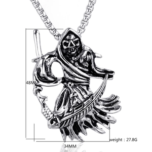 Detailed view of Grim Reaper pendant in vintage steel with dimensions 48mm and 34mm