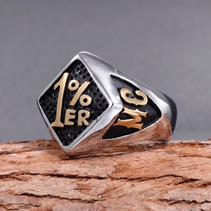 Macro view of men's stainless steel ring with 1% ER relief on honeycomb black base