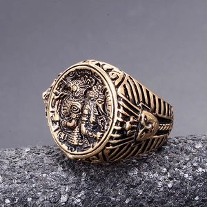 Vintage Pharaoh stainless steel men's signet ring with detailed ethnic relief carvings