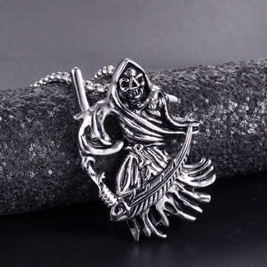 Gothic Stainless Steel Grim Reaper Skull Scythe Pendant Only Without Chain For Men Punk Retro Silver Black Jewelry